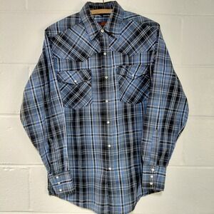Canyon Guide Outfitters Mens MEDIUM Blue Plaid Western‎ Pearl Snap Cowboy Shirt